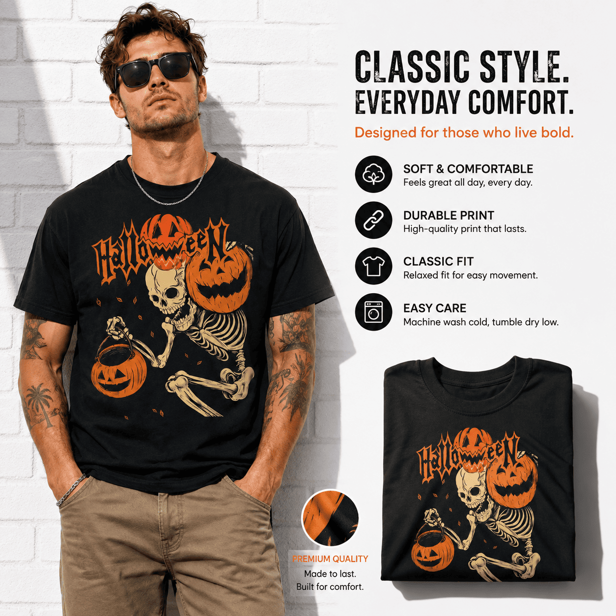 Halloween Skeleton Pumpkin Trick or Treat Spooky Graphic Men's T-Shirt