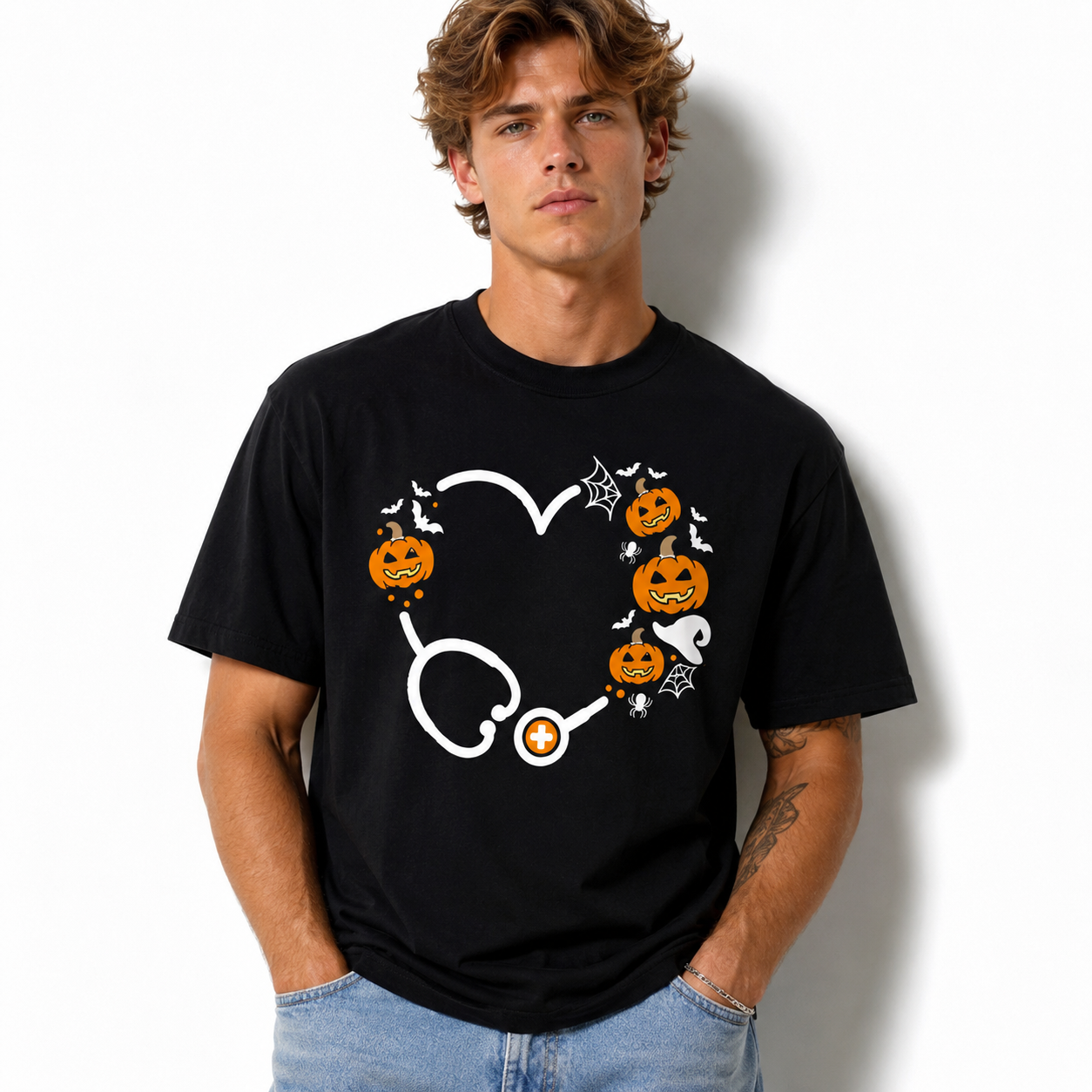 Halloween Nurse Stethoscope Pumpkin Heart Medical Graphic Men's T-Shirt