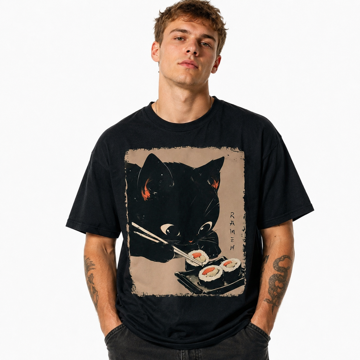 Kawaii Cat Sushi Anime T-Shirt Japanese Cute Kitten Food Graphic Tee