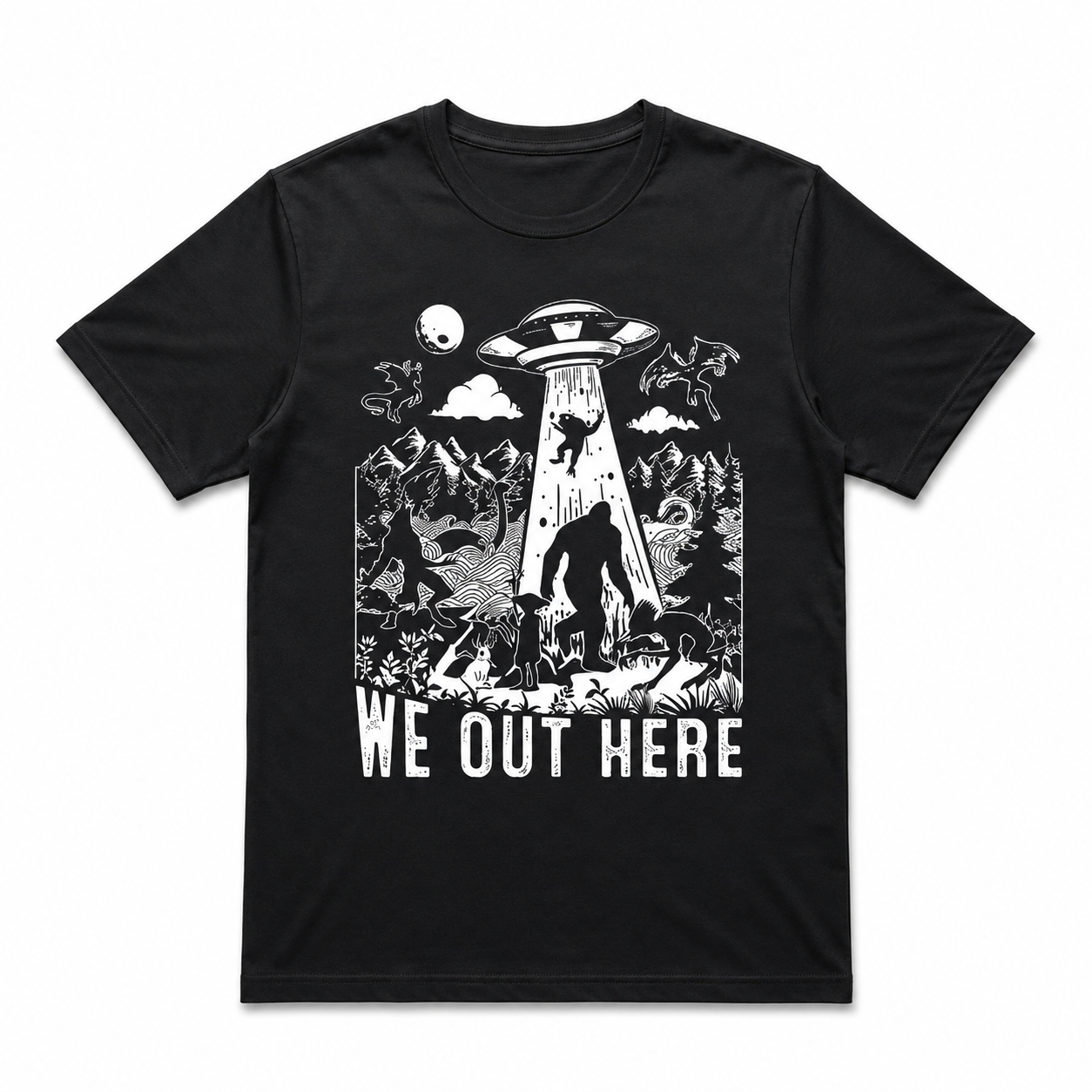 "We Out Here" Cryptid UFO T-Shirt - Funny Bigfoot Alien Graphic Tee