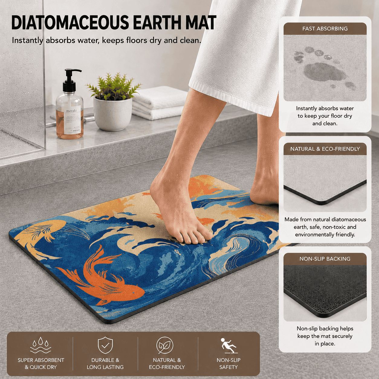 Japanese Koi Door Mat Quick Dry Super Absorbent Non Slip Fish Pattern