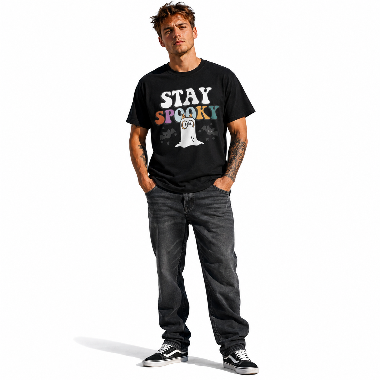 Stay Spooky Cute Ghost Halloween Bats Retro Funny Graphic Men's T-Shirt