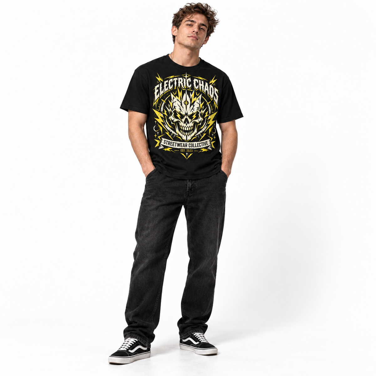 Electric Chaos Skull Lightning Streetwear Men's Graphic T-Shirt