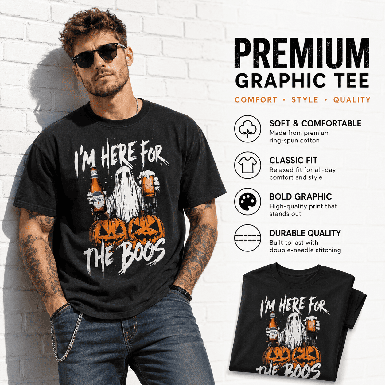 I'm Here for the Boos Ghost Beer Pumpkin Funny Halloween Graphic Men's T-Shirt
