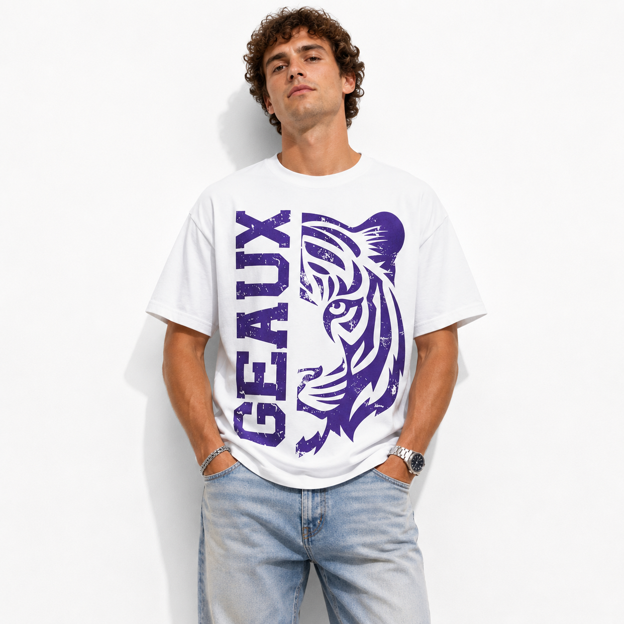 Purple Tiger Graphic T-Shirt Vintage Distressed Sports Fan Tee