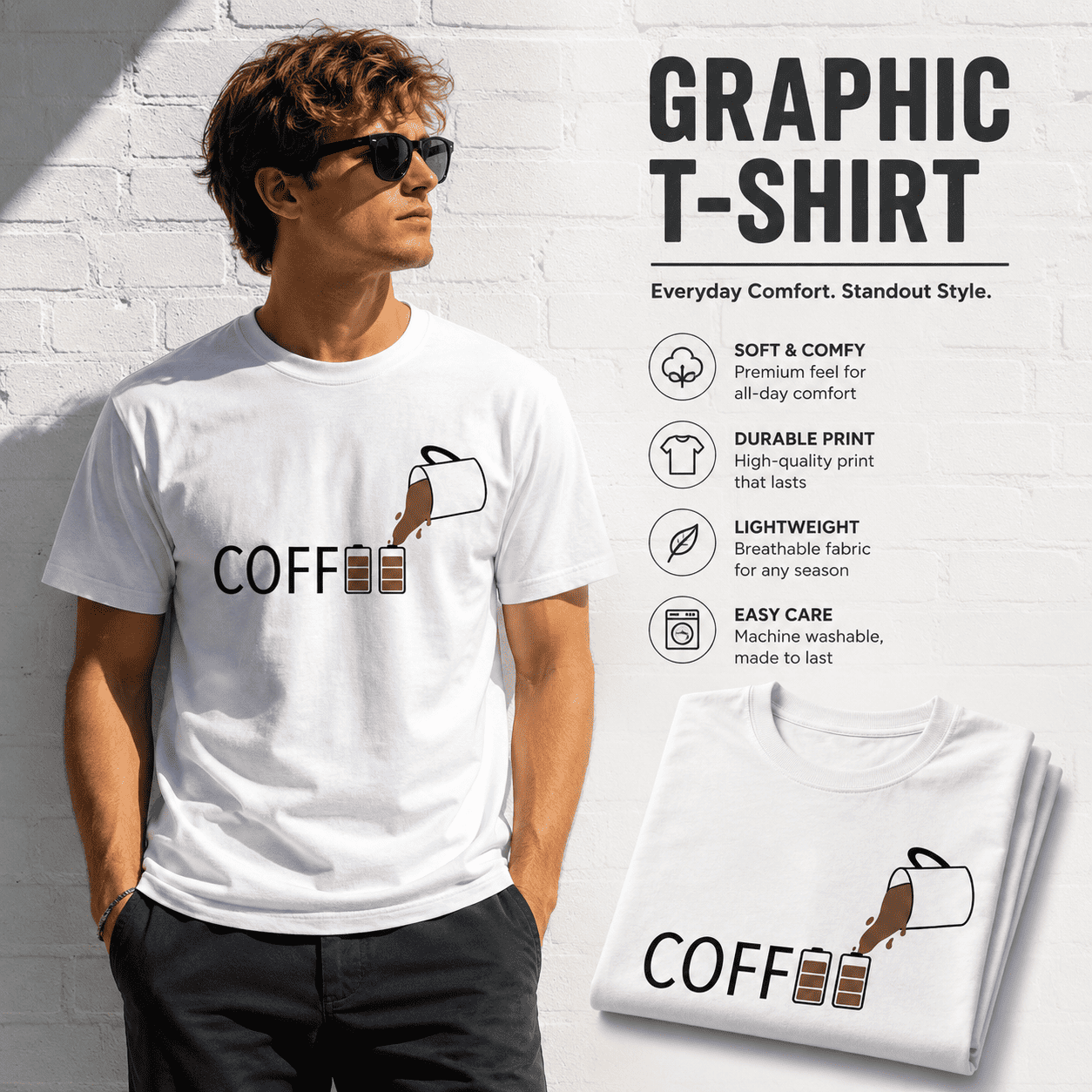 Funny Coffee Battery Graphic T-Shirt Caffeine Lover Novelty Tee for Men
