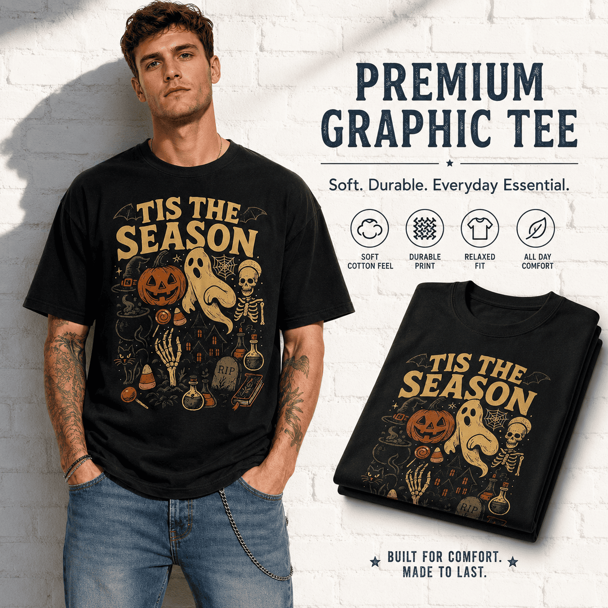 Tis The Season Halloween Ghost Pumpkin Skeleton Spooky Graphic Men's T-Shirt