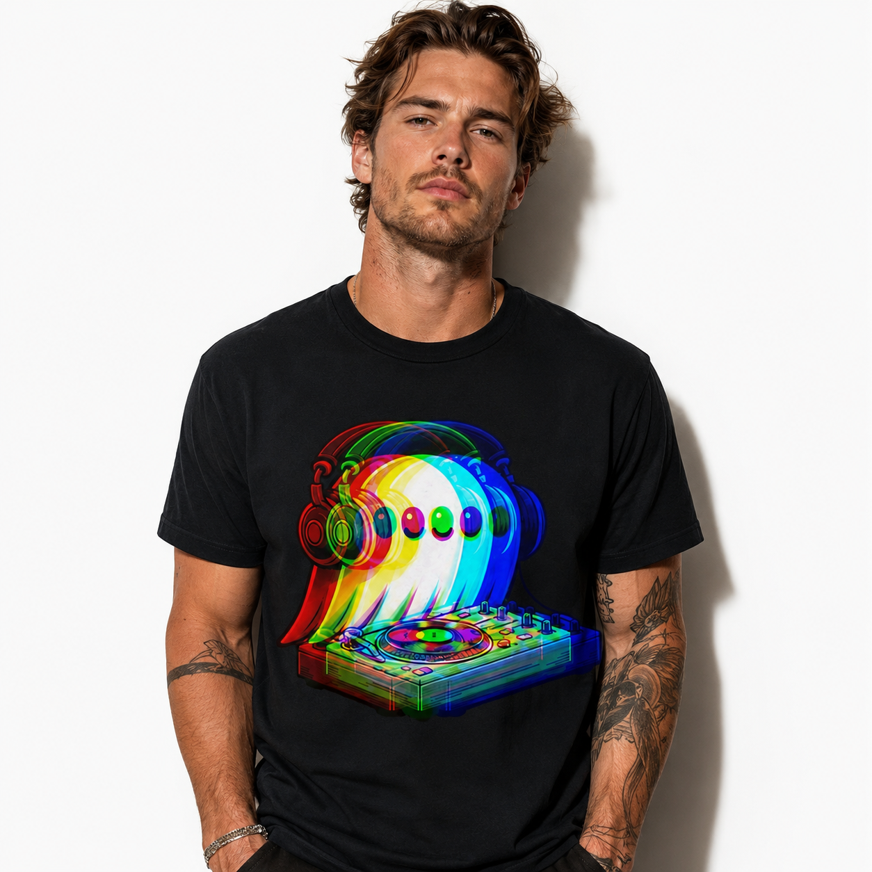 Funny DJ Ghost Halloween Music Headphones Turntable Graphic Men's T-Shirt