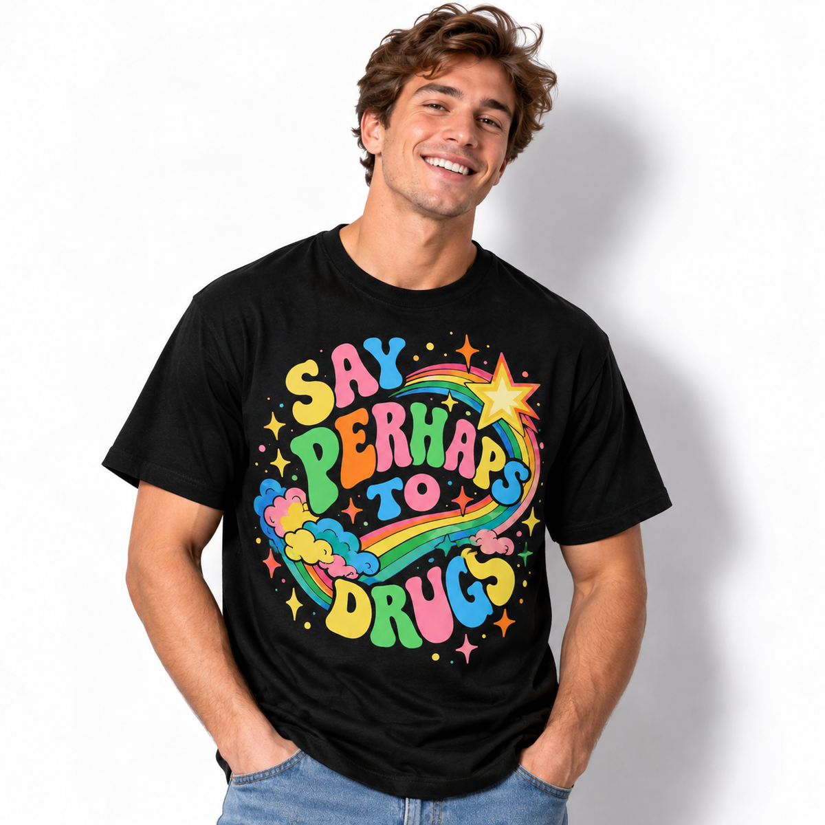 Say Perhaps to Drugs Retro Rainbow Funny Men's Graphic T-Shirt