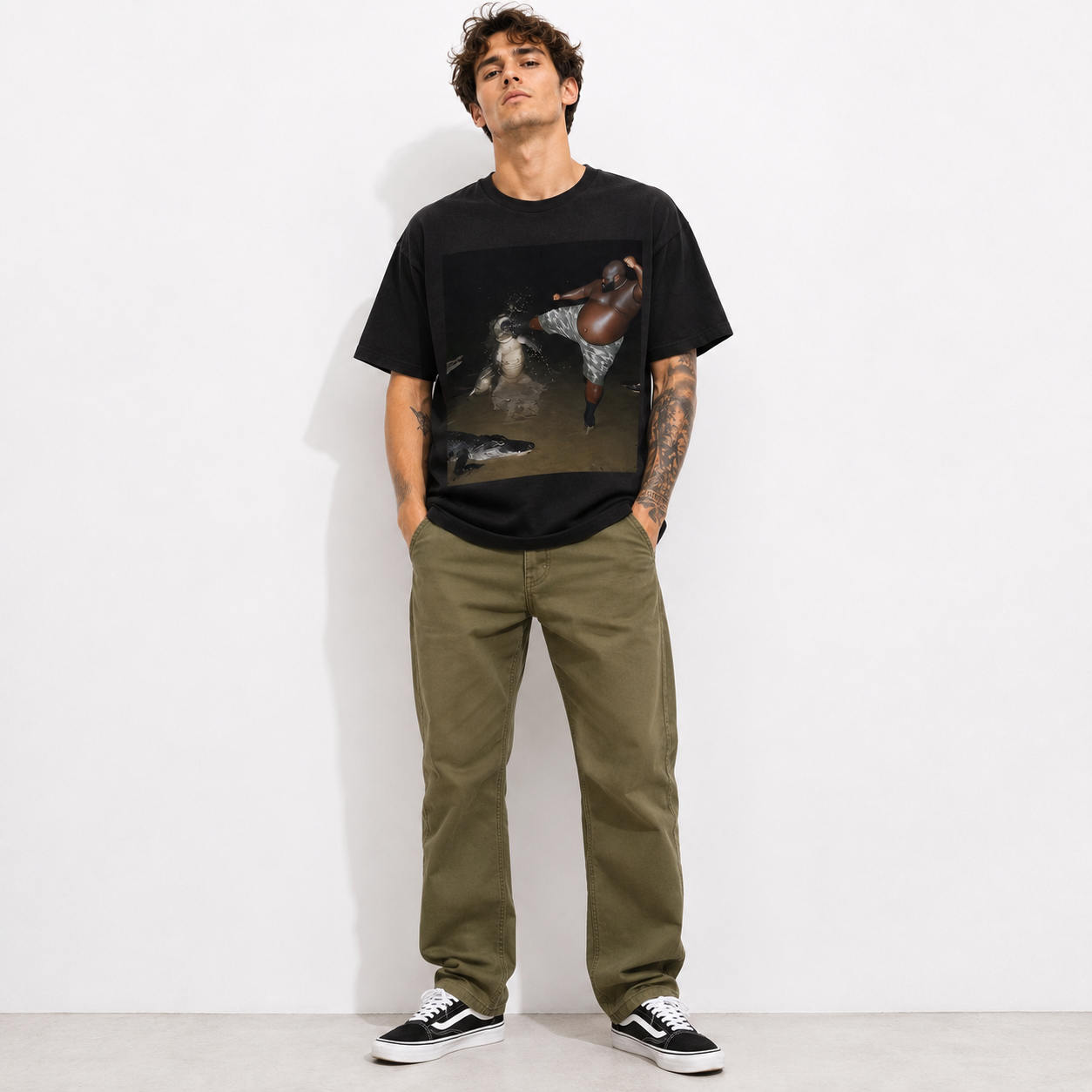 Men's Funny Alligator Fight Graphic T-Shirt Wild Action Meme Tee