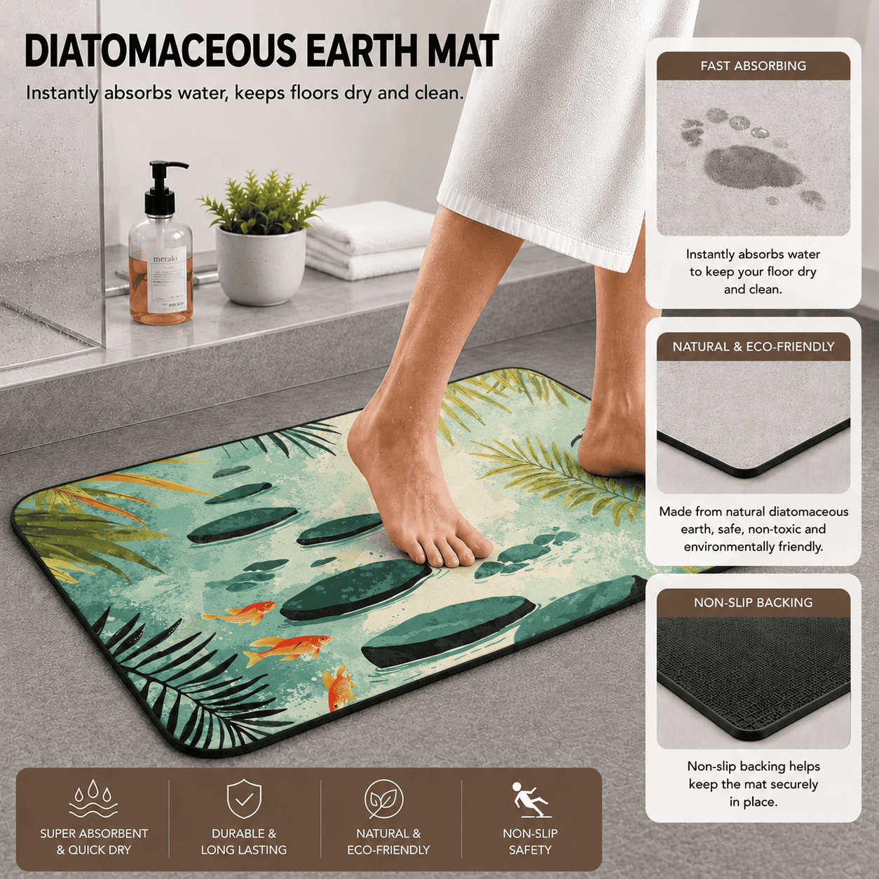 Koi Pond Laundry Room Mat Quick Dry Super Absorbent Non Slip Japanese Garden