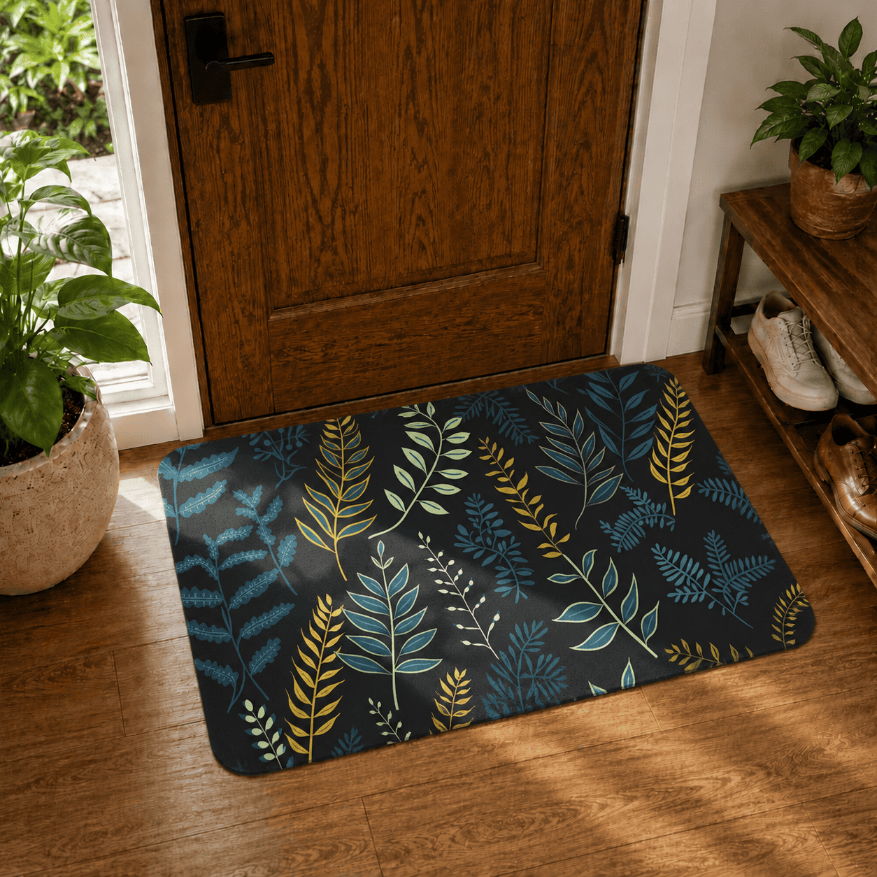 Botanical Entryway Mat with Quick Dry Super Absorbent Non Slip Fern Design