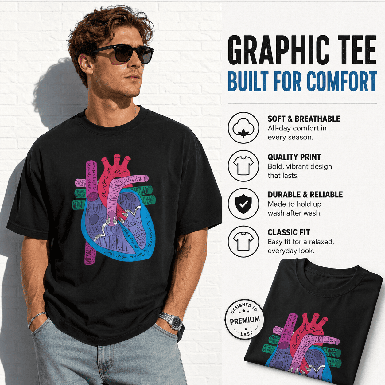 Anatomical Heart Graphic T-Shirt Colorful Medical Anatomy Art Tee for Men