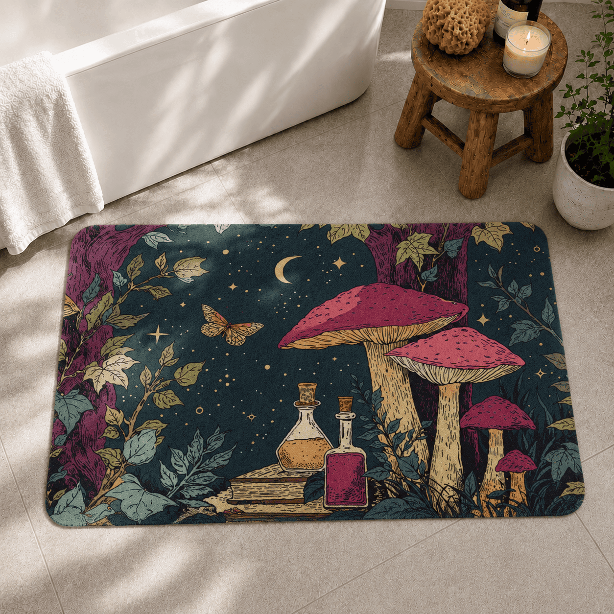 Cottagecore Mushroom Bath Rug Quick Dry Super Absorbent Non Slip Moon Design
