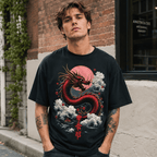 Japanese Dragon Rising Sun Kanji Graphic T-Shirt Samurai Style Tee