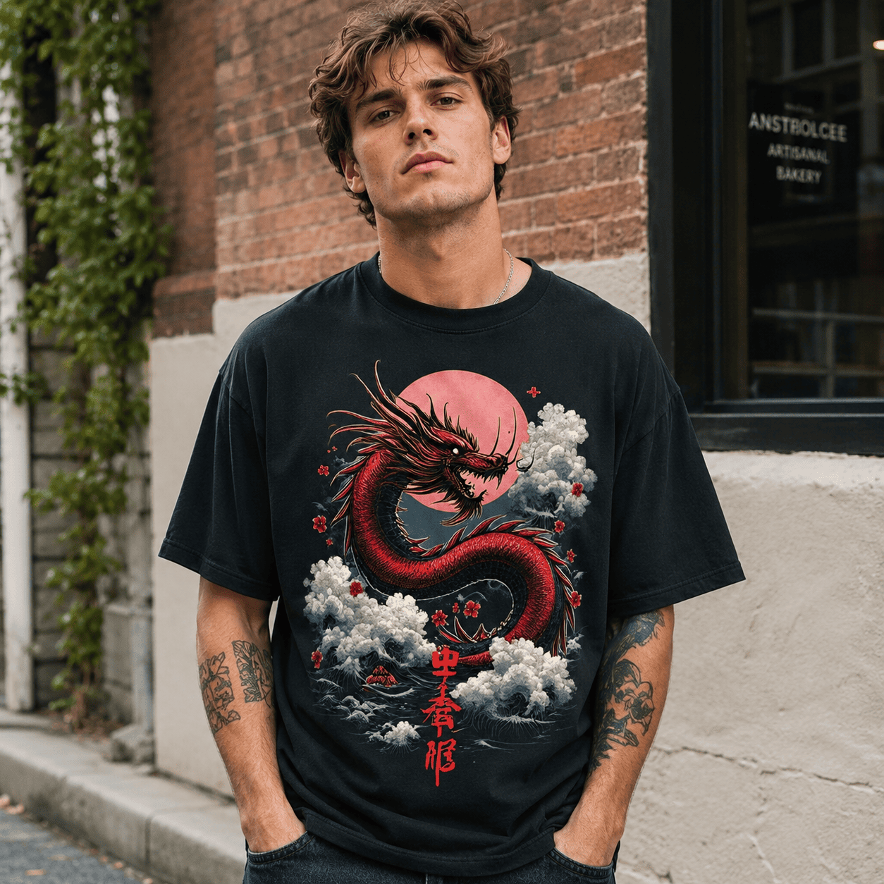 Japanese Dragon Rising Sun Kanji Graphic T-Shirt Samurai Style Tee