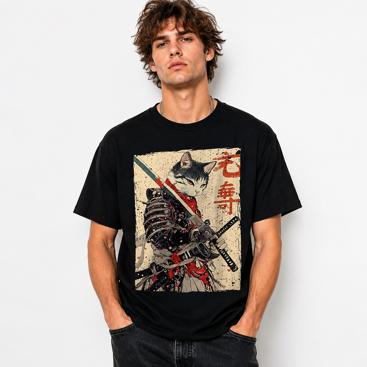 Samurai Cat Warrior Graphic T-Shirt Ukiyo Ink Japanese Art Tee