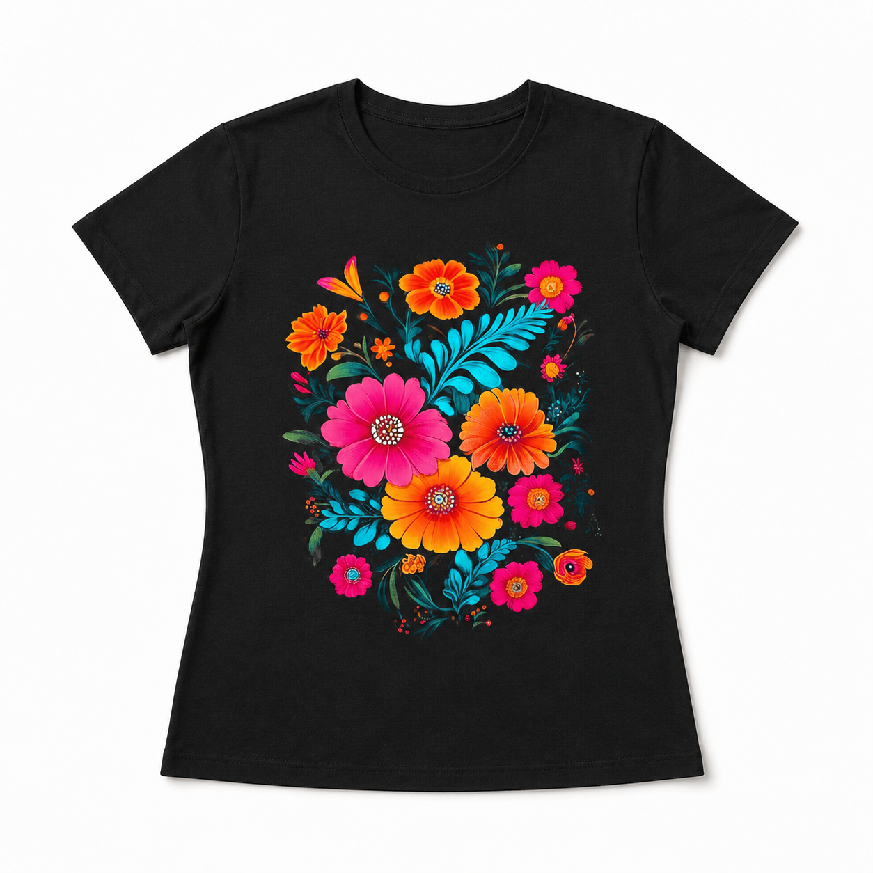Women Mexican Floral Print T-Shirt Turquoise Hibiscus Casual Summer Crew Neck