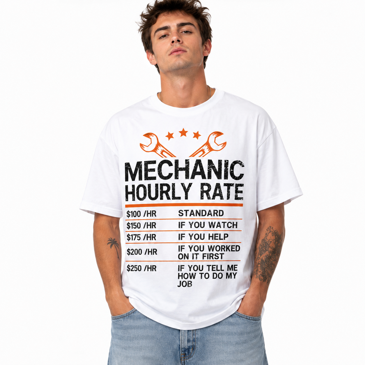 Men's Funny Mechanic Hourly Rate Graphic T-Shirt Vintage Work Tee