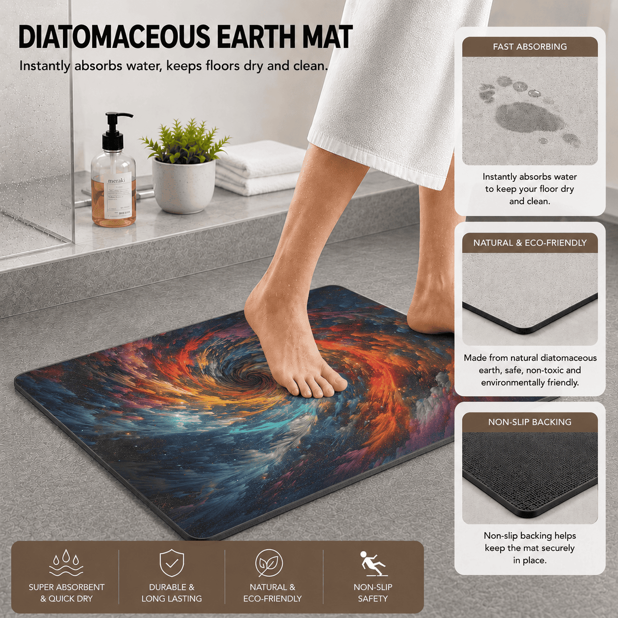 Spiral Galaxy Floor Mat Non Slip Quick Dry Super Absorbent Cosmic Decor