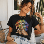 Women Graphic T-Shirt Glitter Lips Shh Finger Print Casual Crew Neck Trendy Tee