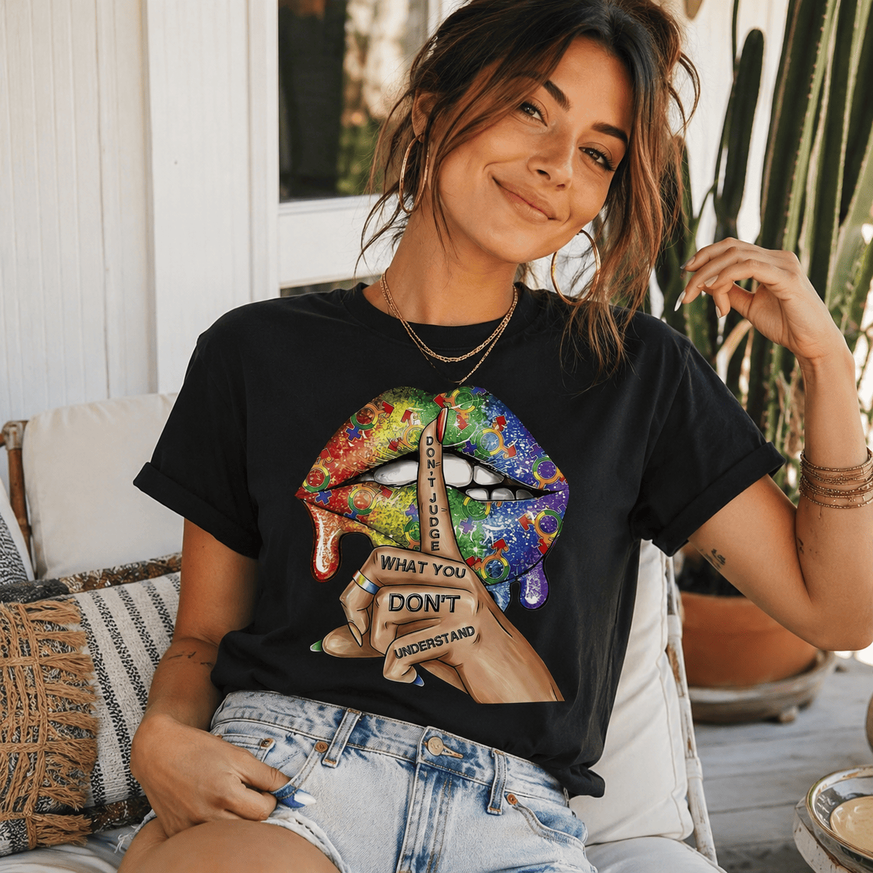 Women Graphic T-Shirt Glitter Lips Shh Finger Print Casual Crew Neck Trendy Tee
