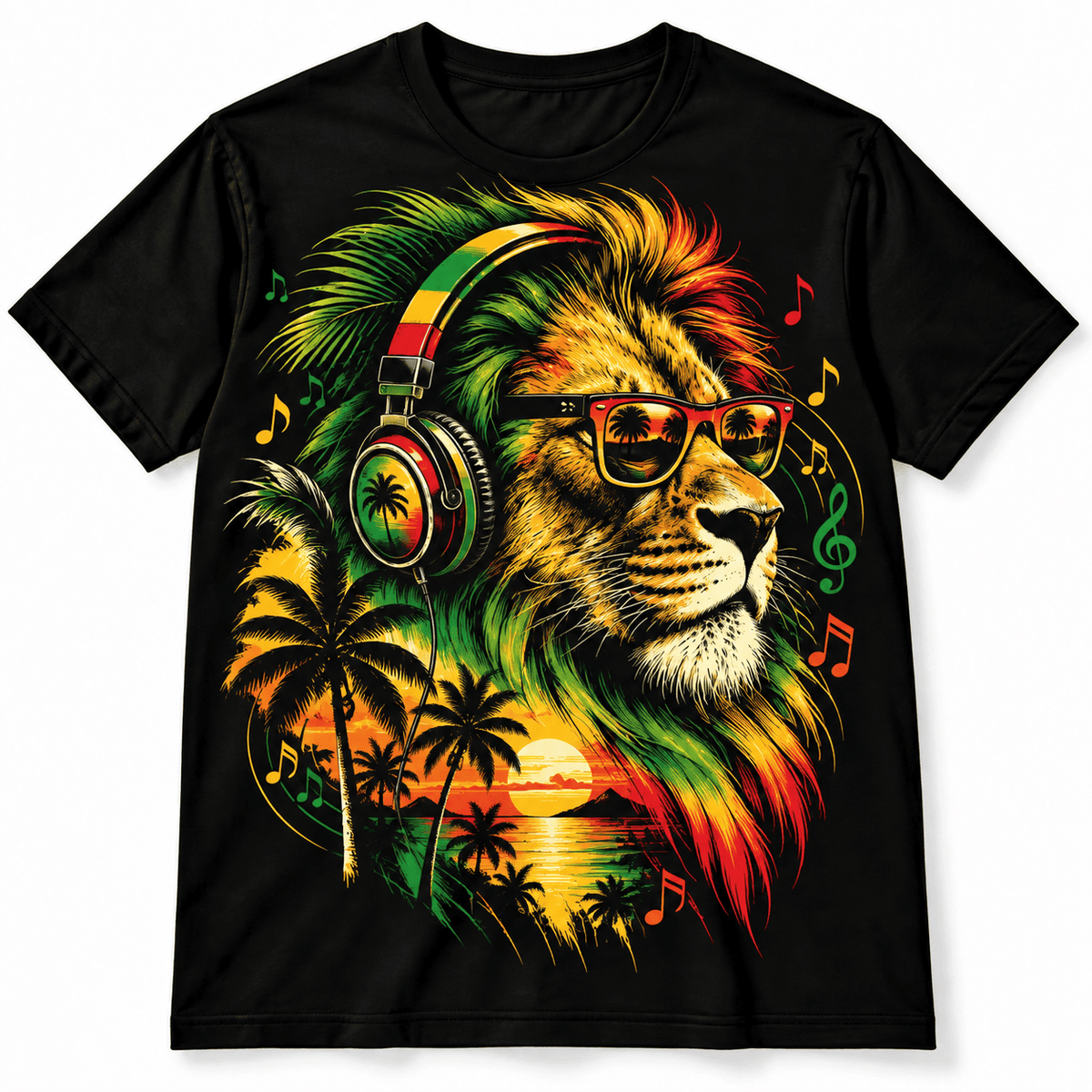 Reggae Lion Headphones Tropical Sunset Men's Graphic T-Shirt