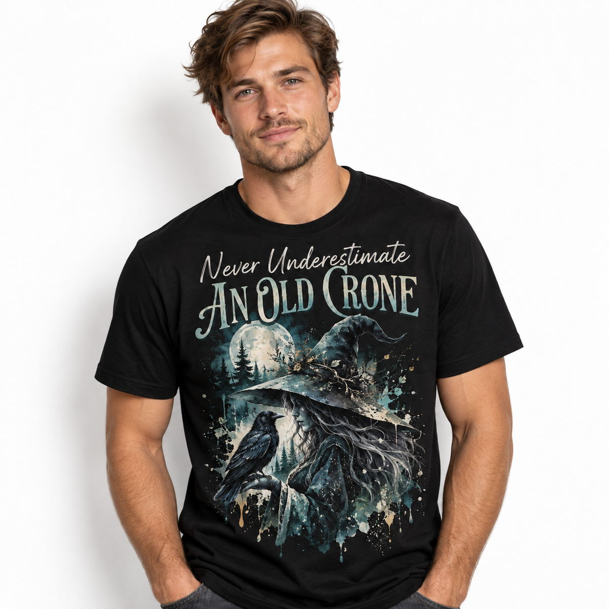 Never Underestimate an Old Crone Witch Raven Men's Graphic T-Shirt
