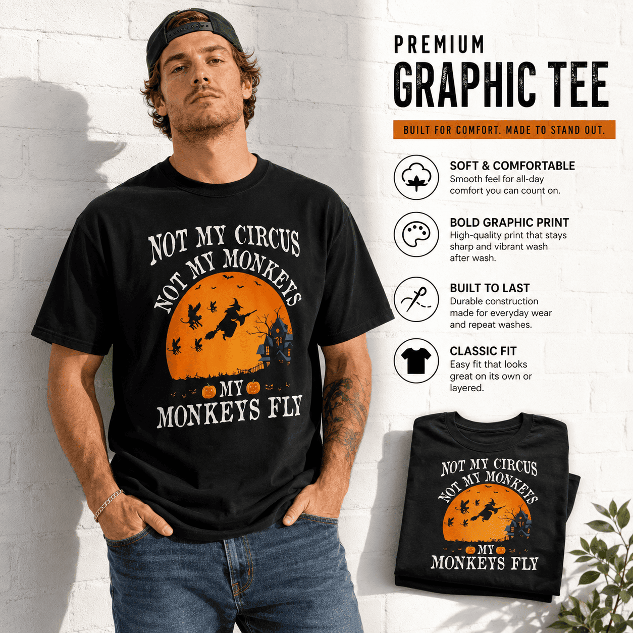 Not My Circus My Monkeys Fly Funny Witch Halloween Graphic Men's T-Shirt