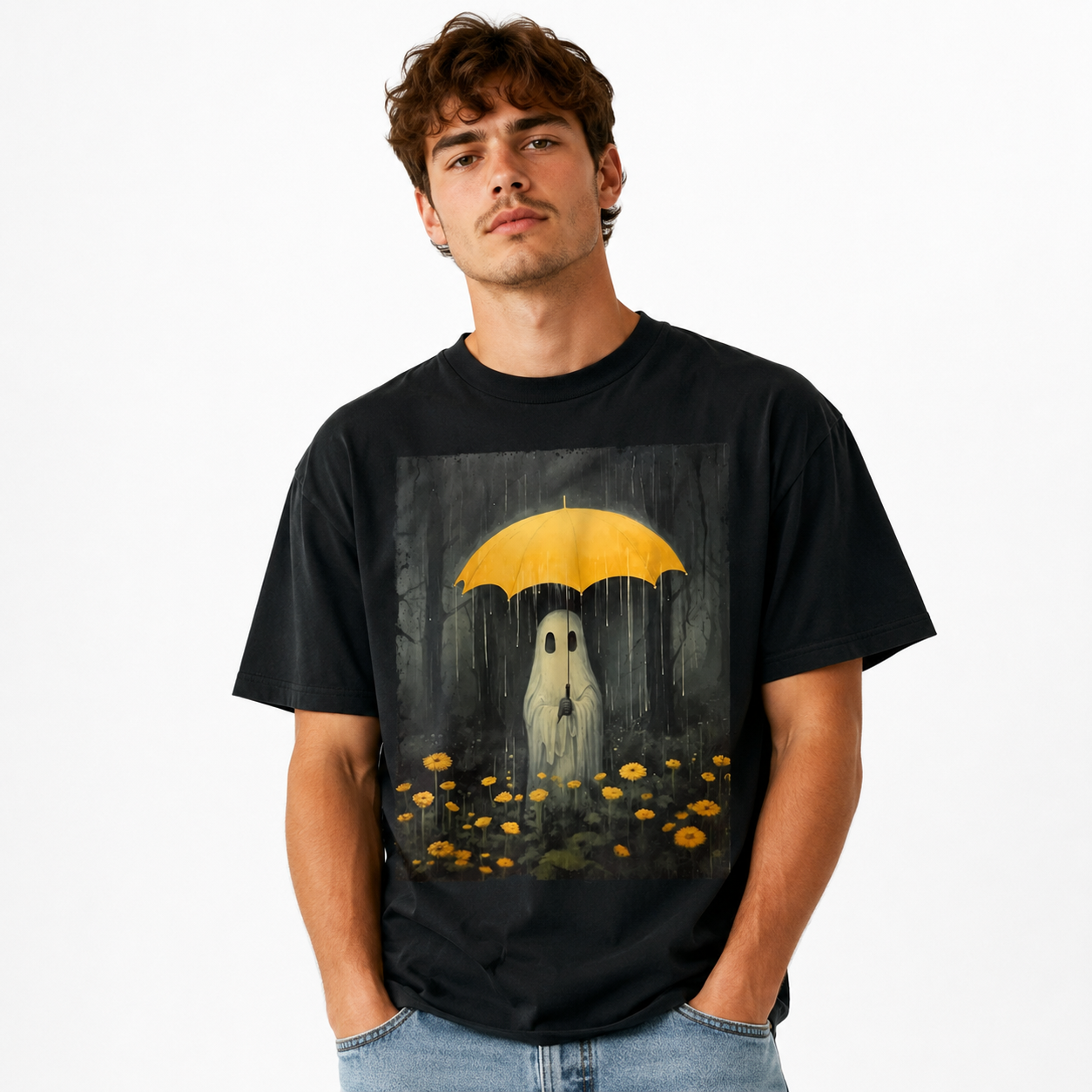 Cute Ghost Yellow Umbrella Halloween Rainy Forest Graphic Men's T-Shirt