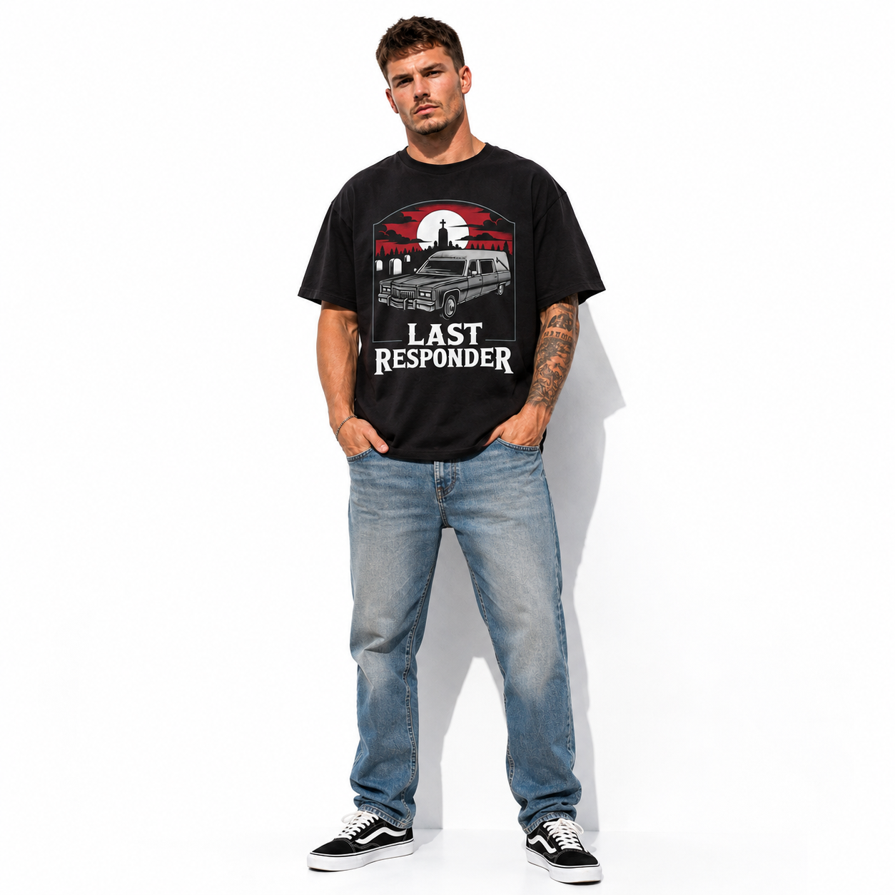Last Responder Hearse Graveyard Dark Humor Halloween Graphic Men's T-Shirt