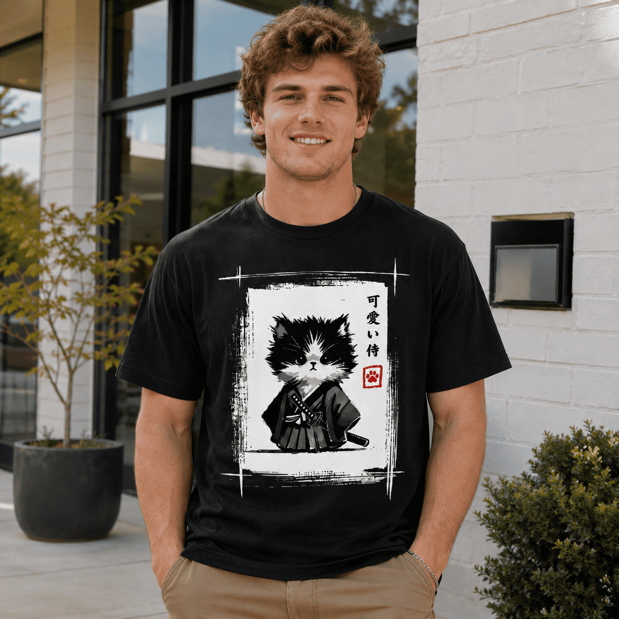 Japanese Samurai Kitten T-Shirt - Cute Neko Graphic Tee - Aesthetic Anime Shirt