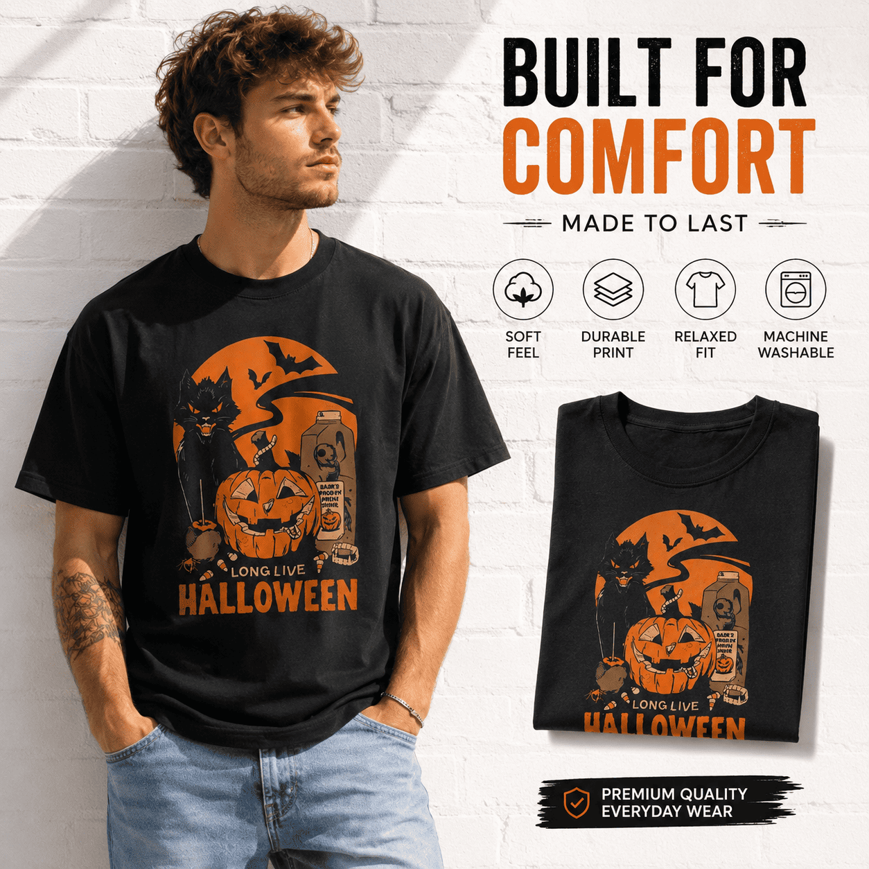 Long Live Halloween Black Cat Pumpkin Spooky Vintage Graphic Men's T-Shirt