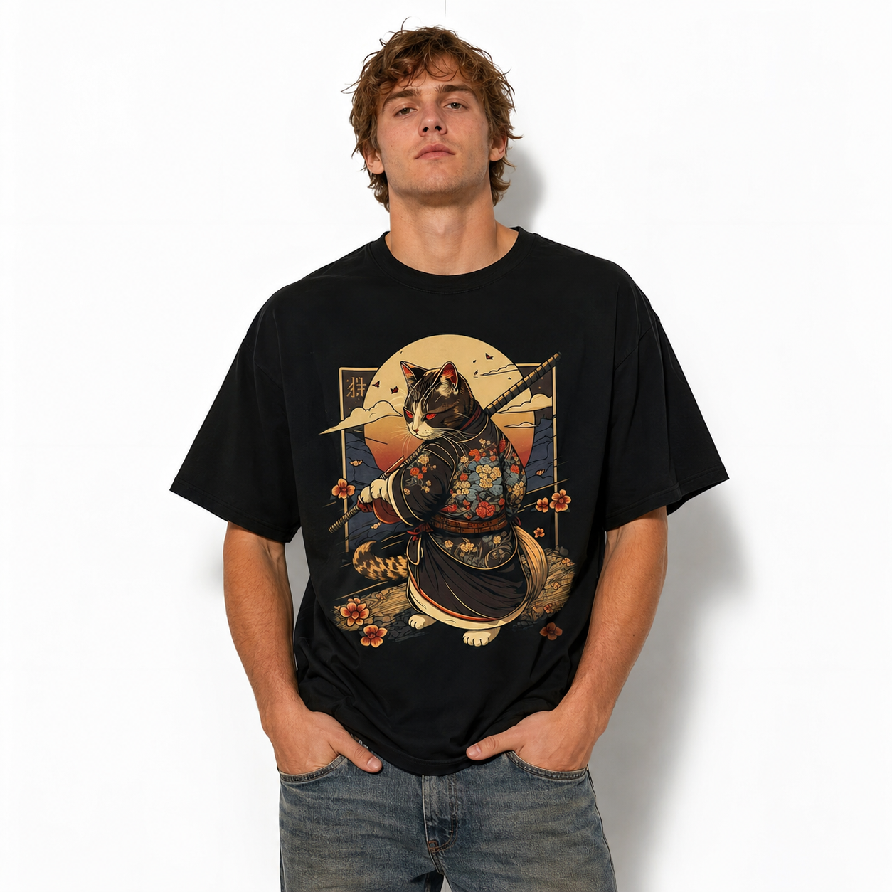 Black Cat Samurai Graphic T-Shirt Japanese Warrior Cat Tee