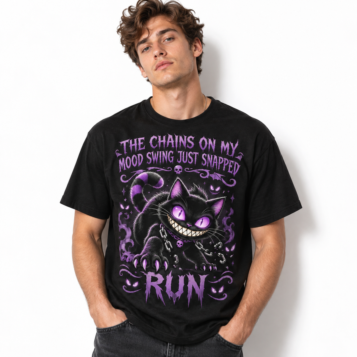 Chains on My Mood Swing Snapped Funny Gothic Black Cat Men's T-Shirt