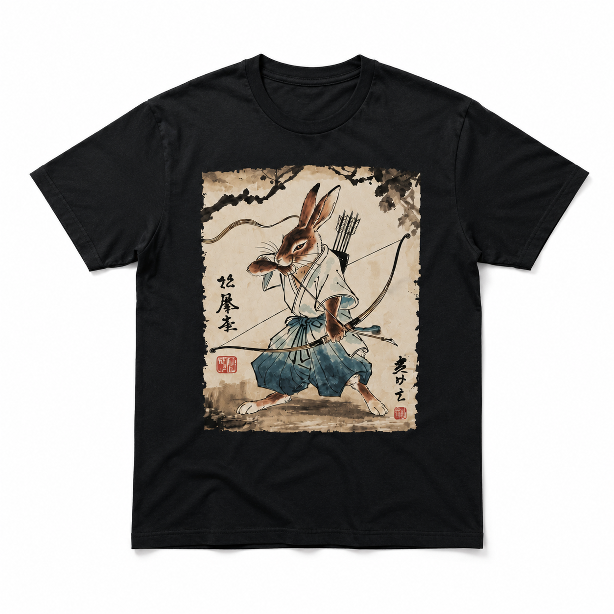 Samurai Rabbit Archer Graphic T-Shirt Japanese Manga Style Warrior Bunny Tee