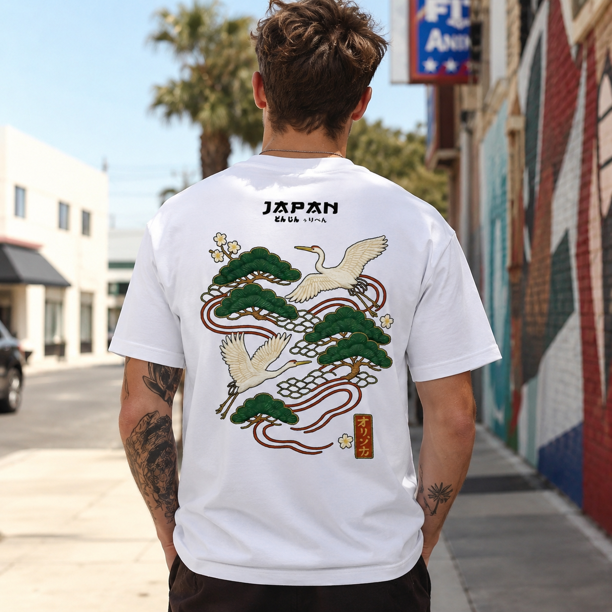 Men's Casual Versatile Simple Japanese Crane Print Short Sleeve T-Shirt