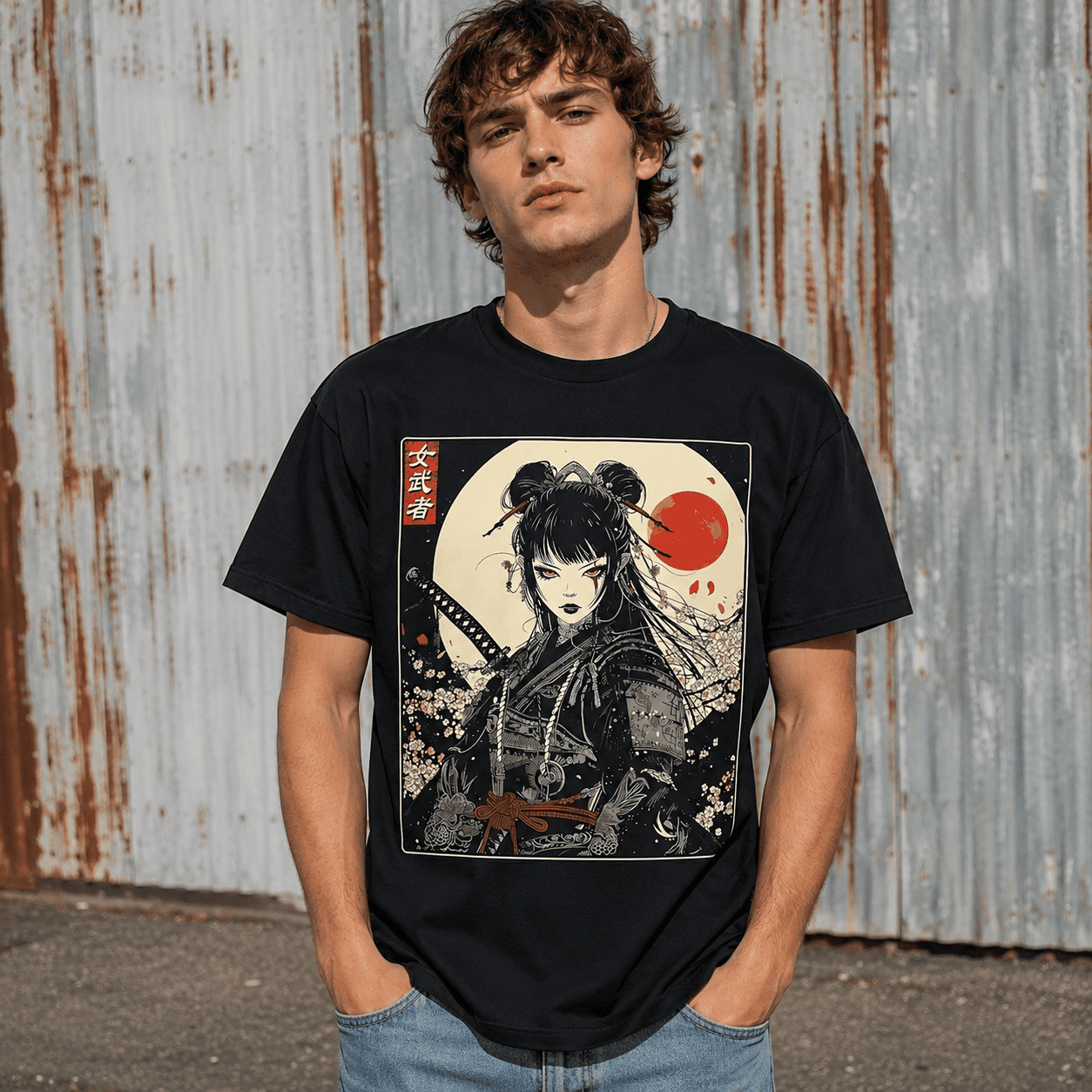 Japanese Gothic Samurai Woman Katana Graphic T-Shirt Dark Anime Style Tee
