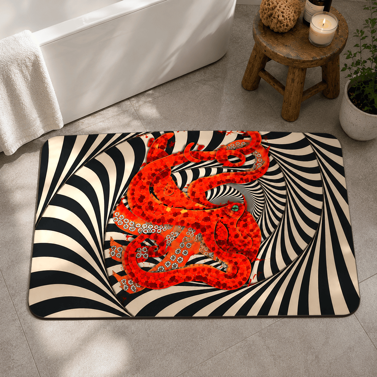 Black and White Optical Illusıon Red Octopus Unique Design Non-Slip Livingroom Carpet, Psychedelic Bedroom Rug, Moder Bathroom Decoration