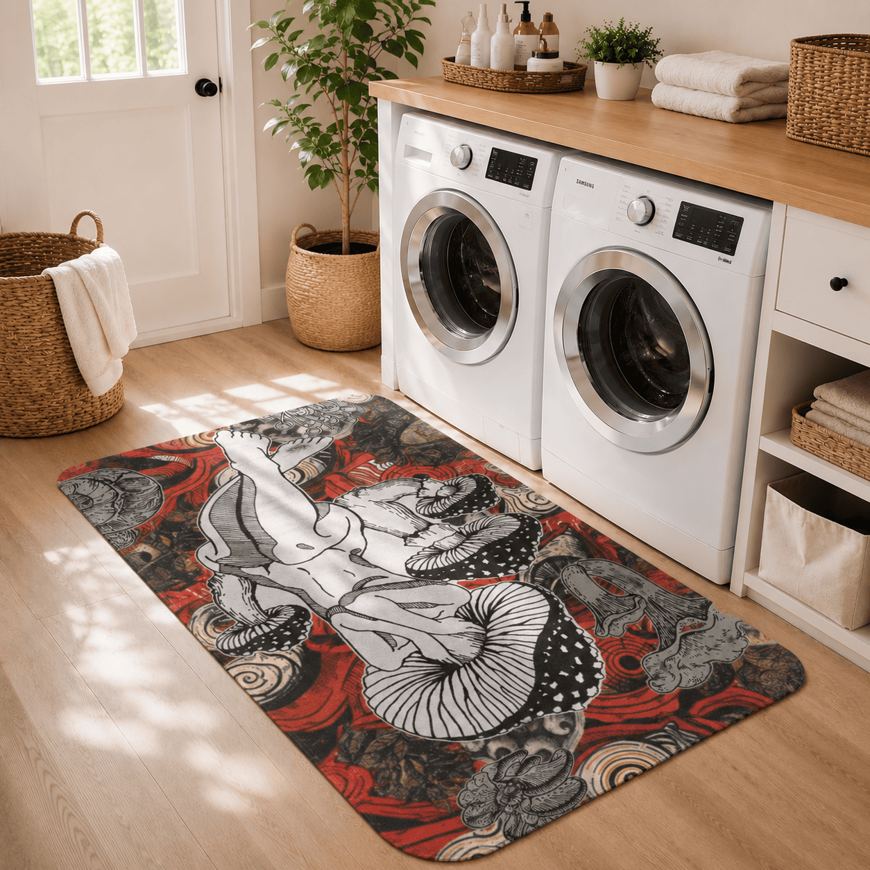 Mushroom Woman Bath Mat Quick Dry Super Absorbent Non Slip Trippy Eyes Decor