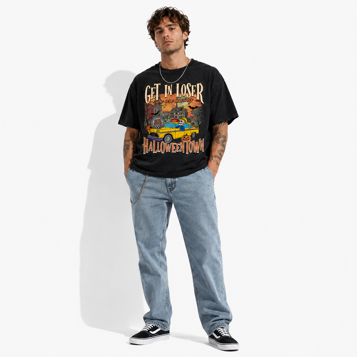 Get In Loser We're Saving Halloween Funny Spooky Taxi Graphic Men's T-Shirt