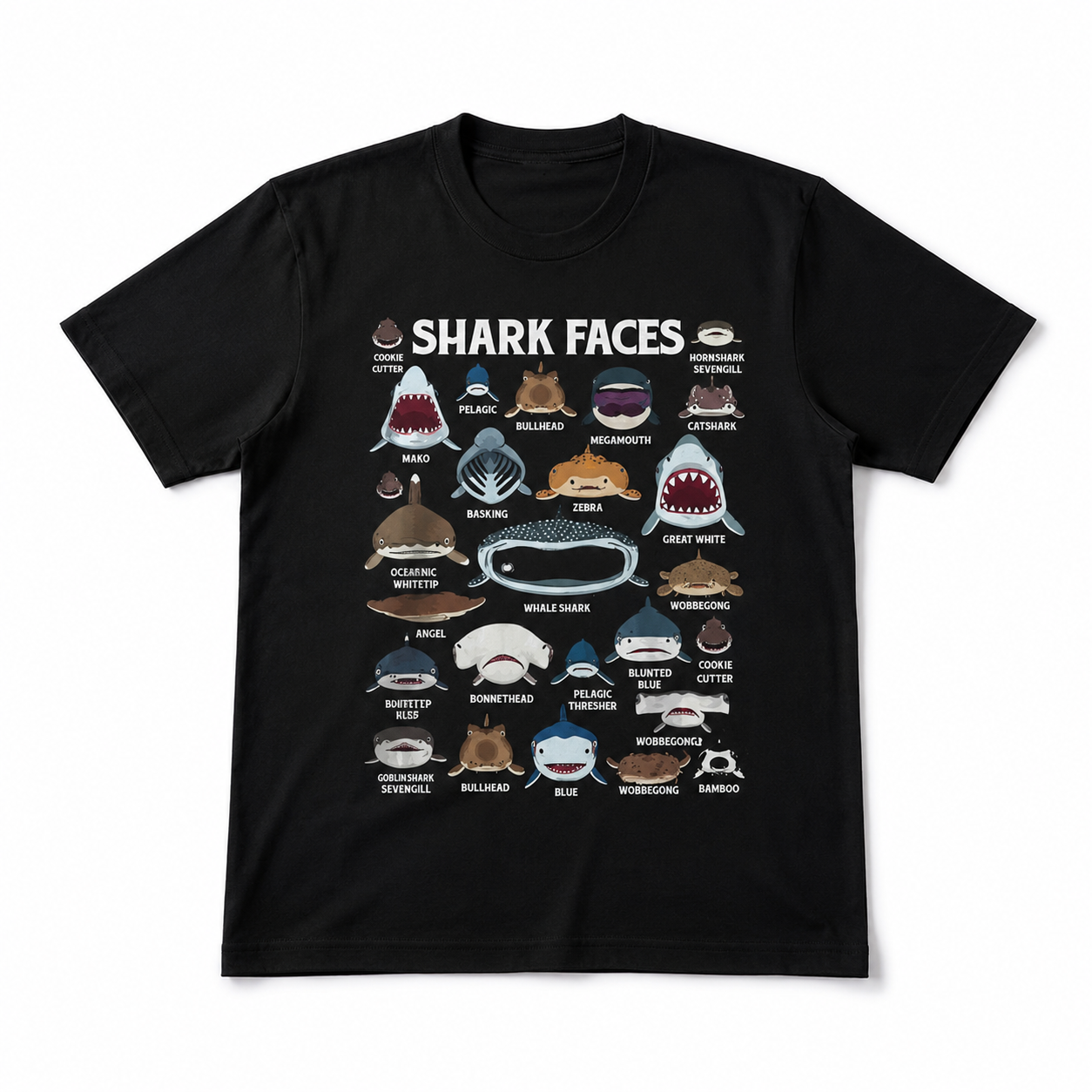 Shark Faces Species Chart Graphic T-Shirt Ocean Marine Life Tee for Men