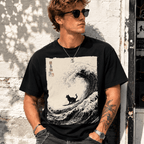 Funny Surfing Cat Great Wave Japanese Ukiyoe Art Graphic T Shirt Retro Tee