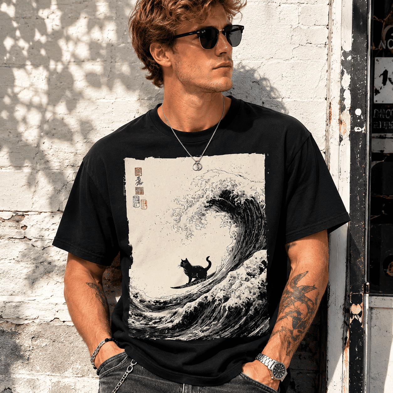 Funny Surfing Cat Great Wave Japanese Ukiyoe Art Graphic T Shirt Retro Tee