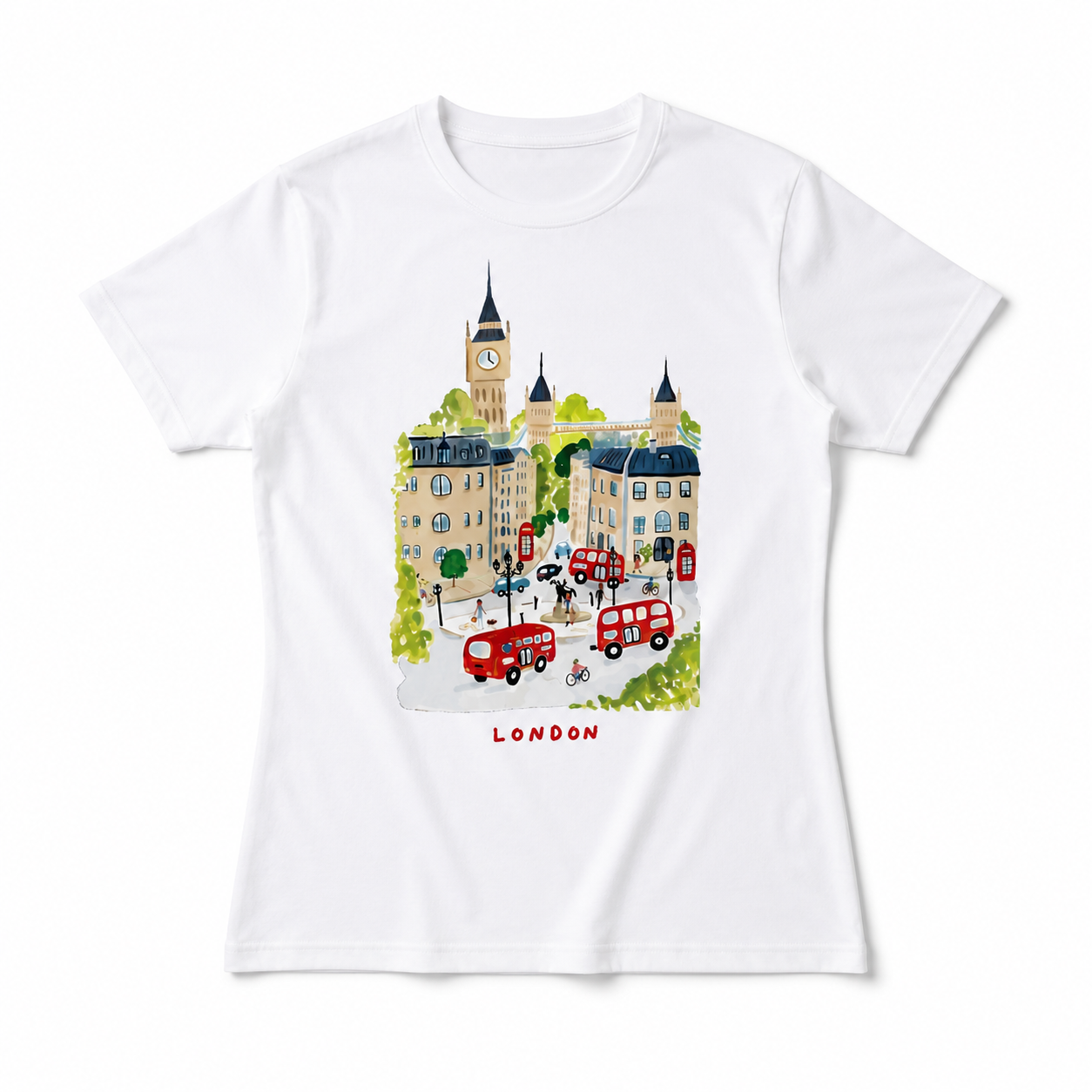 Women London Big Ben Graphic T-Shirt Red Taxi UK Travel Casual Crew Neck Tee
