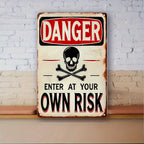 Vintage Danger Enter At Your Own Risk Metal Tin Sign - Retro Skull Tin Plaque