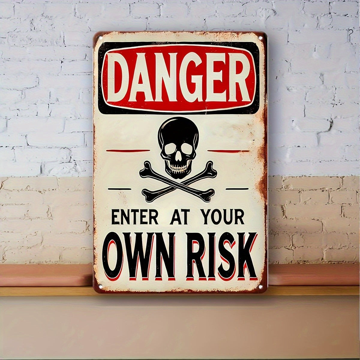 Vintage Danger Enter At Your Own Risk Metal Tin Sign - Retro Skull Tin Plaque