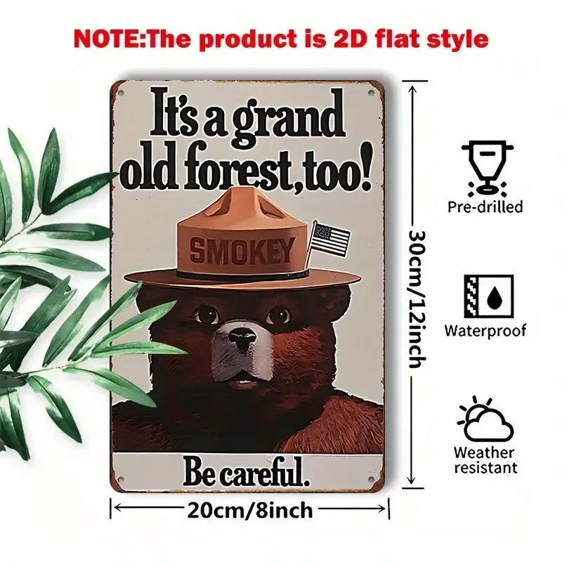 Vintage Smokey Bear Metal Tin Sign - Retro Forest Wilderness Wall Decor