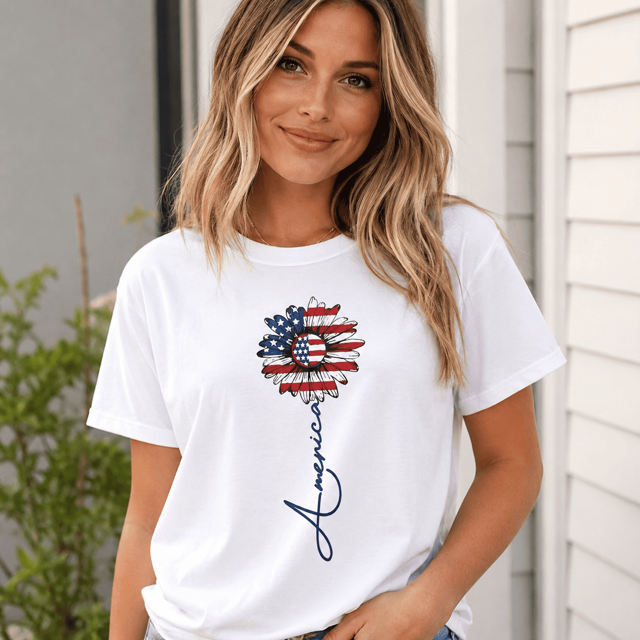 Patriotic USA Flag Sunflower Graphic Tee - America Script Floral Summer T-Shirt