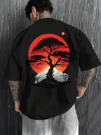 Japanese Landscape Art T Shirt Red Sun Pine Mountain Retro Graphic Casual Tee